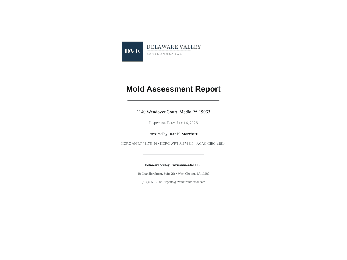 First page of the MoldMind assessment report — IICRC S520 citations, photo grid, moisture table.